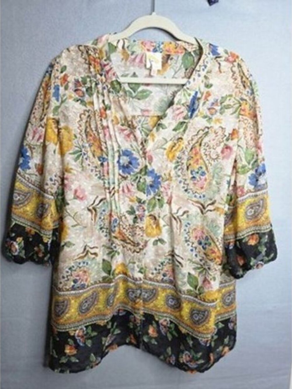 Fig and Flower Blouse Top Women's 2X Yellow Multicolor Boho Floral Paisley Sheer